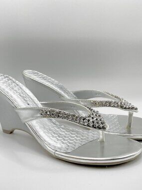 Blossom Collection Silver Crystal Strap Wedge Sandals Size 8